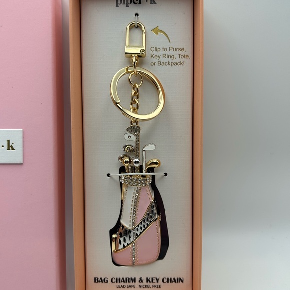 *New* Piper K Pink, White, and Diamond Golf Bag with Clubs Charm Keychain - Picture 2 of 4